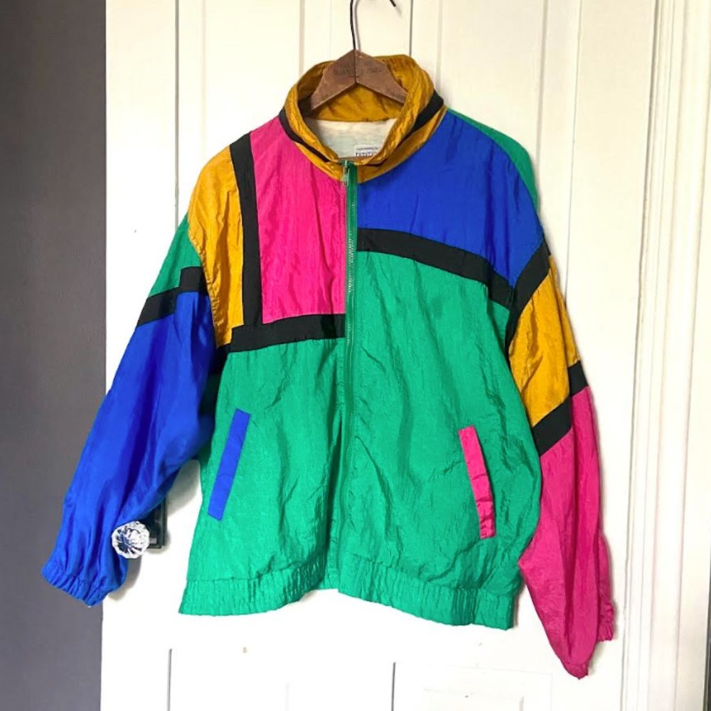 VNTG Retro Bloomingdales Colorblock Zip Up WindBreaker Vibrant Grn Pnk Blu Gold